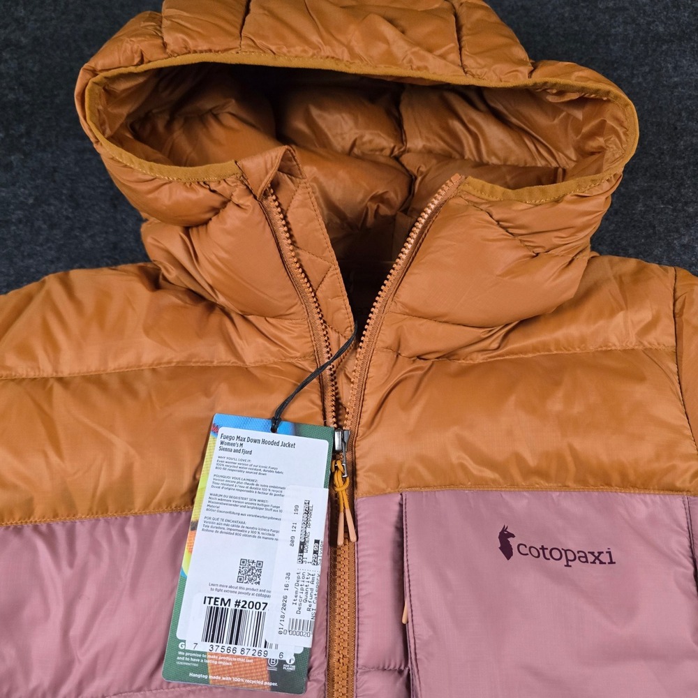 Cotopaxi Sienna/Fjord Fuego Max Down Hooded Jacket Cargo Stripes 800 FP Women M - Picture 8 of 16